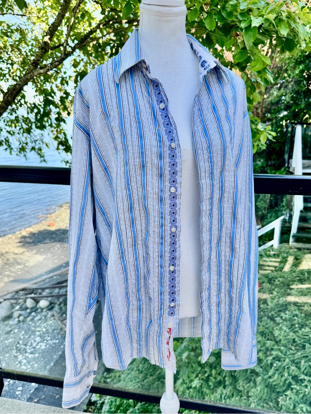 Robert Graham Blue White Striped Embroidered Trim Button Down Shirt Large Tall